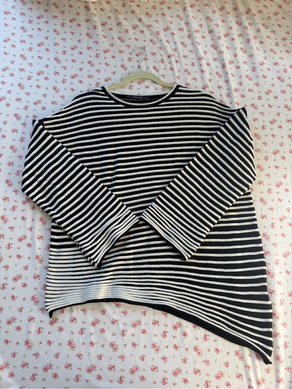 Ozai N Ku Striped Black & White Women’s Asymmetrical Sweater